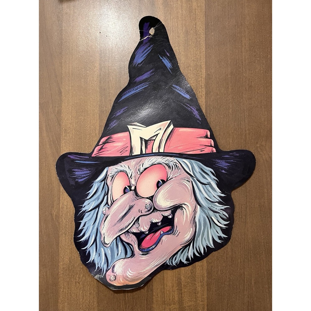 Vintage Halloween Cackling Witch Die Cut - Witch Hat Crooked Nose Blue Hair